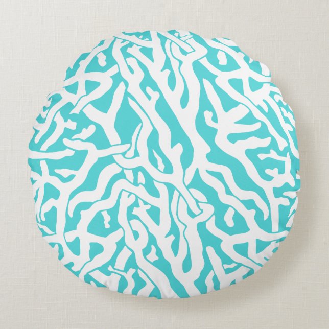 Beach Coral Reef Pattern Nautical White Blue Round Cushion (Front)