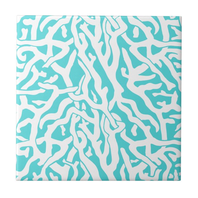 Beach Coral Reef Pattern Nautical White Blue Tile (Front)