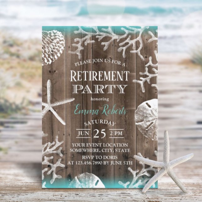 Beach Coral Reef Starfish Barn Wood Retirement Invitation (Creator Uploaded)
