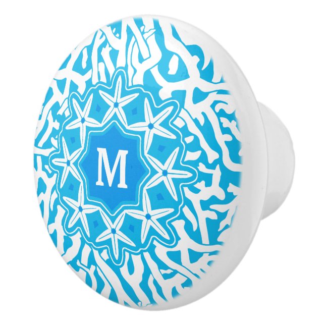 Beach Coral Reef Starfish Bright Blue | Monogram Ceramic Knob (Right)