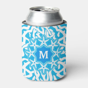 Beach Coral Reef Starfish Monogram Bright Blue Can Cooler