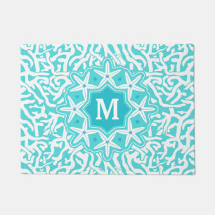 Beach Coral Reef Starfish Monogram in Aqua Blue Doormat