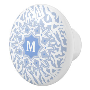 Beach Coral Reef Starfish Monogram in Grey Blue Ceramic Knob