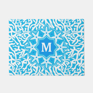 Beach Coral Reef Starfish Monogram in Sea Blue Doormat