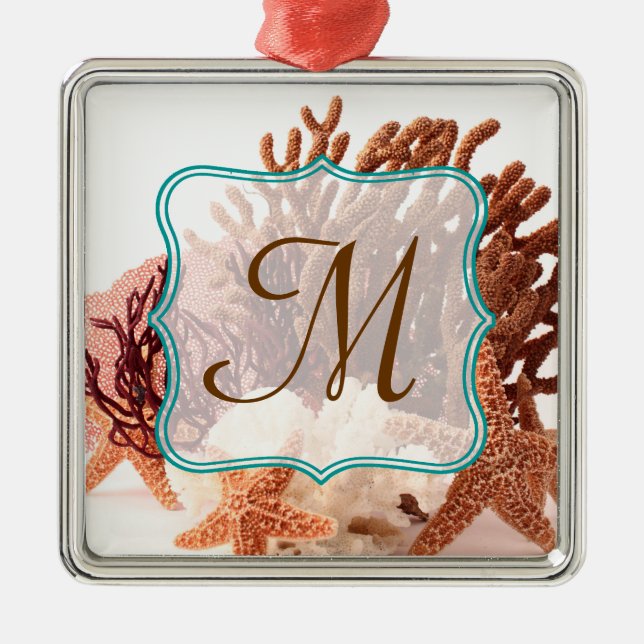 Beach Coral Star Fish Monogram Initial Ornament (Front)
