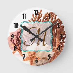 Beach Coral Star Fish Monogram Initial Wall Clock