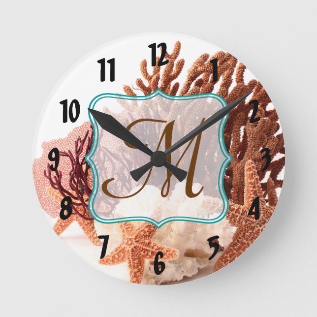 Beach Coral Star Fish Monogram Initial Wall Clock (Front)