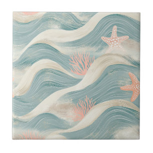 Beach Cottage Blue Waves Sand Starfish Pattern Tile