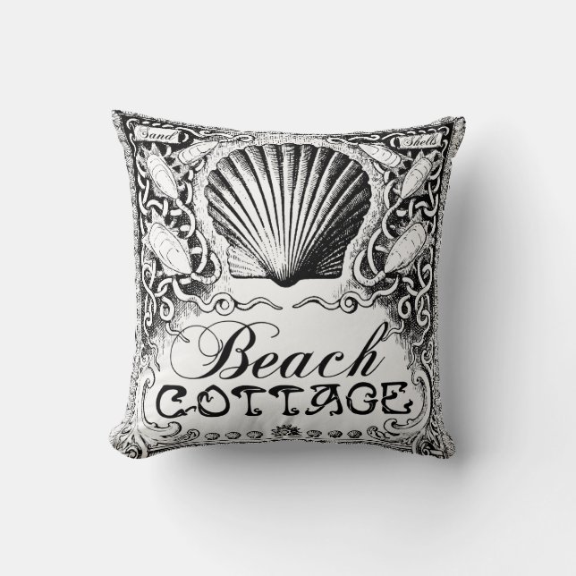 beach cottage with sea shells black_white cushion (Front)