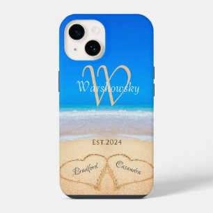 Beach Couple Hearts in Sand Family Monogram Case