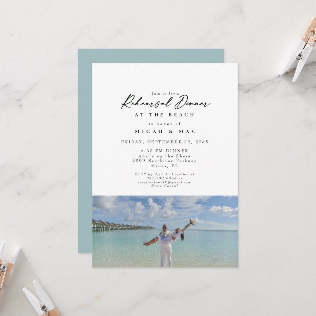 Beach Couple Photo Rehearsal Turquoise Invitation (Front/Back In Situ)