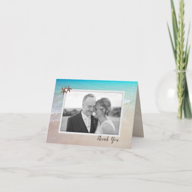 Beach Couple Photo Wedding Thank You Note Card (Front)
