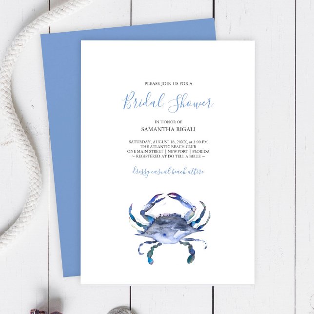Beach Crab Bridal Shower Invitations (Bridal shower invitations watercolor blue crab art by Victoria Grigaliunas )