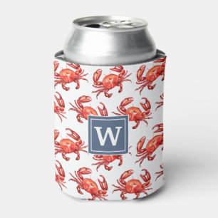 Beach Crab Pattern Monogram Initial Can Cooler