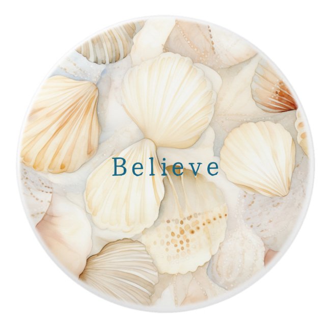 Beach Cream Peach Sea Shells Believe Ceramic Knob (Front)