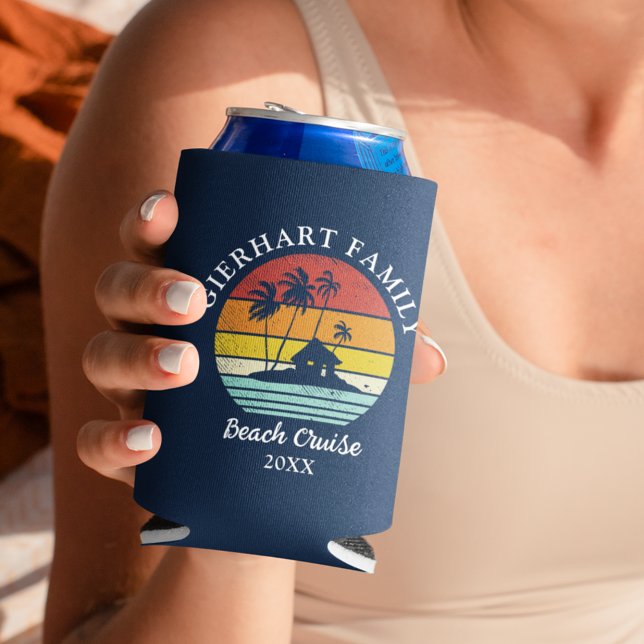 Beach Cruise Retro Family Reunion Coastal Vacation Can Cooler (Retro Custom Navy Blue Family Reunion Beach Cruise Can Cooler)