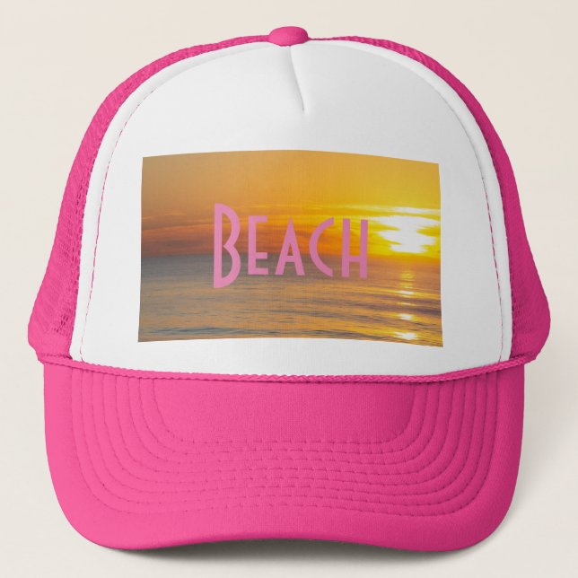 Beach Custom Text Sun rise image Hot Pink Colour Trucker Hat (Front)