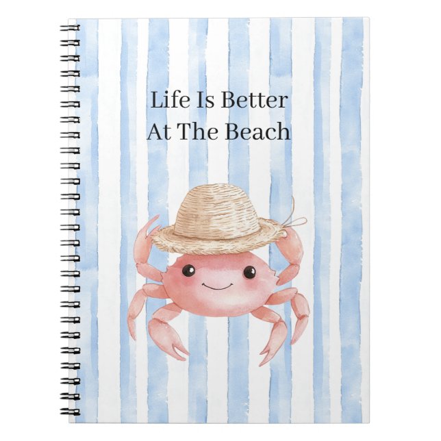 Beach Cute Pink Smiling Crab with Hat Notebook (Front)