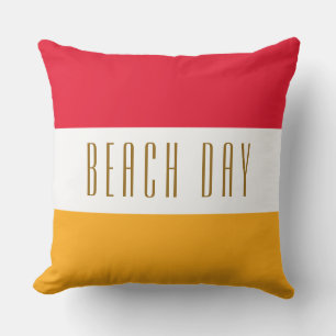 BEACH DAY Bright Red Yellow Orange White Stripes Cushion