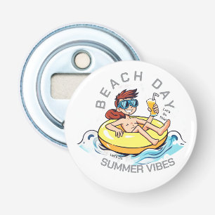 Beach Day Cartoon Character on Inflatable Ring Bottle Opener