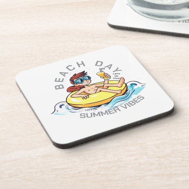 Beach Day Cartoon Character on Inflatable Ring Coaster (Left Side)