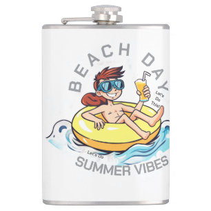 Beach Day Cartoon Character on Inflatable Ring Hip Flask
