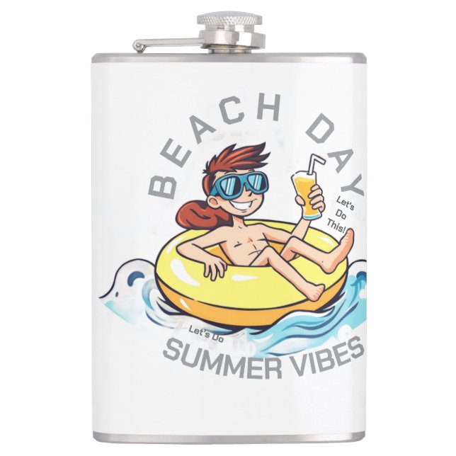 Beach Day Cartoon Character on Inflatable Ring Hip Flask (Front)