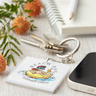 Beach Day Cartoon Character on Inflatable Ring Key Ring