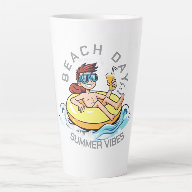 Beach Day Cartoon Character on Inflatable Ring Latte Mug (Front)
