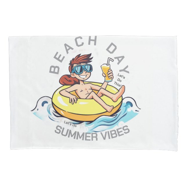 Beach Day Cartoon Character on Inflatable Ring Pillowcase (Front)