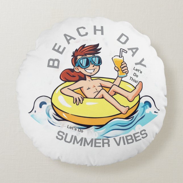 Beach Day Cartoon Character on Inflatable Ring Round Cushion (Front)