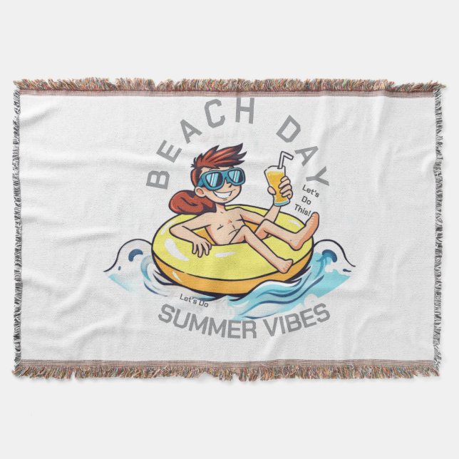 Beach Day Cartoon Character on Inflatable Ring Throw Blanket (Front)