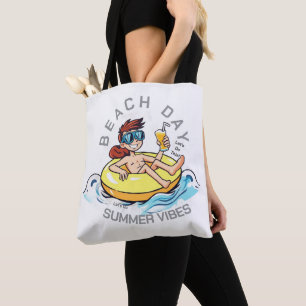 Beach Day Cartoon Character on Inflatable Ring Tote Bag