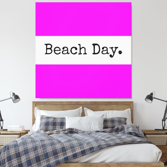 BEACH DAY Fun Bright Tropical Pink White Stripes Canvas Print (Insitu(Bedroom))