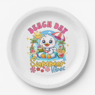 Beach Day Summer Vibes Cute Duck Tropical Vacation Paper Plate
