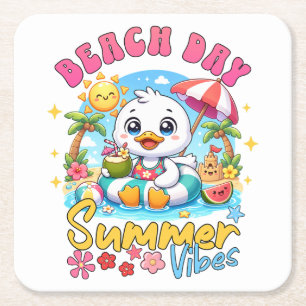 Beach Day Summer Vibes Cute Duck Tropical Vacation Square Paper Coaster