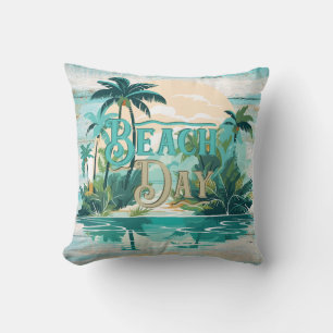 Beach Day Teal Beige Palm Trees Beach Coastal Cushion