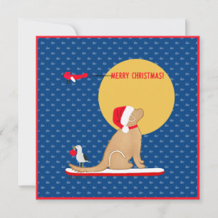 Beach Day Whales Surfing Golden Santa Dog Holiday Card