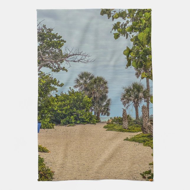 Beach Days, Overcast Beach Welcome  Tea Towel (Vertical)