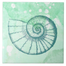 Beach Decor Spiral Seashell Blue Watercolor