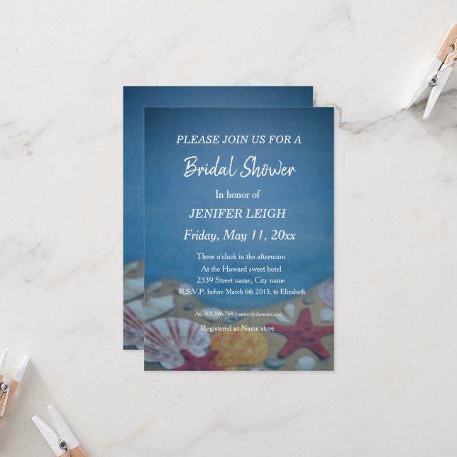 Beach deep blue wedding bridal shower invitation (Front/Back In Situ)