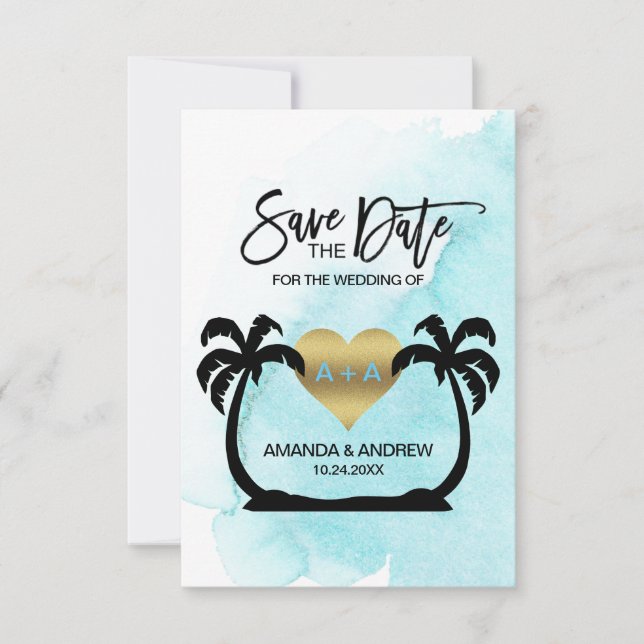 BEACH Destination Aqua Palms Wedding SAVE THE DATE Announcement (Front)