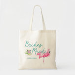 Beach destination flamingo wedding bridesmaid tote bag<br><div class="desc">Tropical watercolor pink flamingo bridesmaid sea / beach / destination wedding tote bag with aqua blue calligraphy script and editable text. Personalise it with your bridesmaid's name!</div>