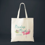 Beach destination flamingo wedding bridesmaid tote bag<br><div class="desc">Tropical watercolor pink flamingo bridesmaid sea / beach / destination wedding tote bag with aqua blue calligraphy script and editable text. Personalise it with your bridesmaid's name!</div>