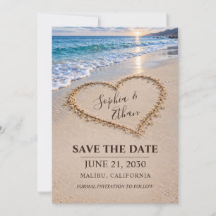 Beach Destination Heart in Sand Sunset Wedding Save The Date