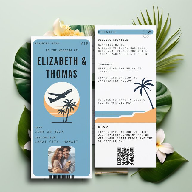 Beach Destination Modern Tropical Photo Wedding Invitation (tropical beach destination wedding invitation boarding pass qr code all in one photo QR modern)