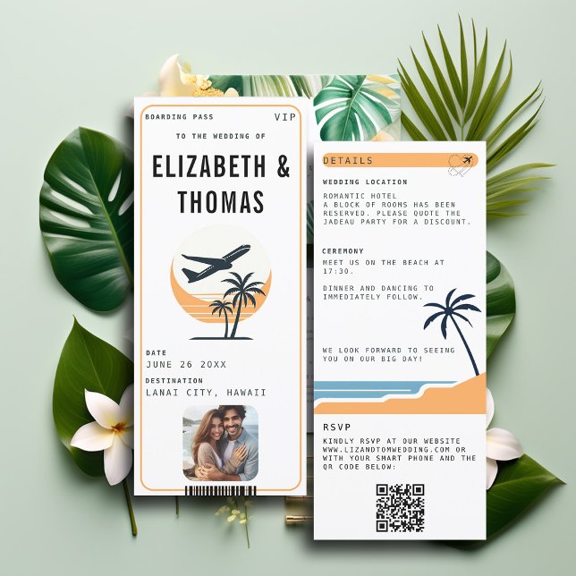Beach Destination Modern Vintage Photo Wedding Invitation (tropical beach destination wedding invitation boarding pass qr code all in one photo QR modern chic)