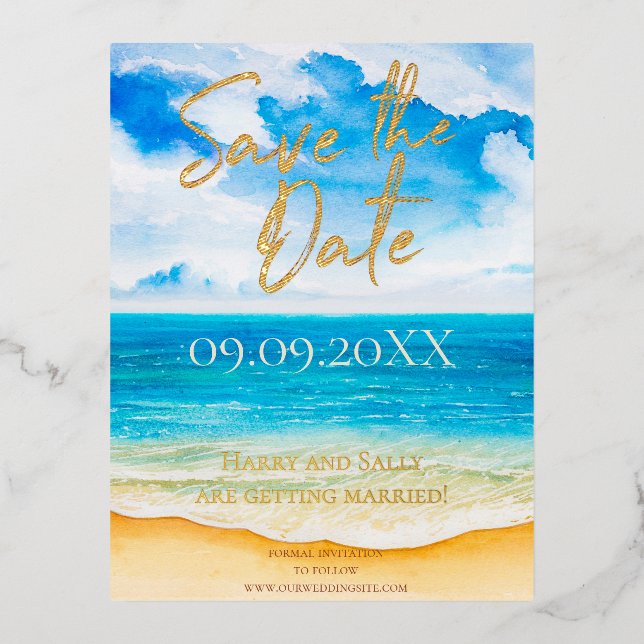 Beach Destination Save the Date Watercolor Foil Invitation Postcard (Front)