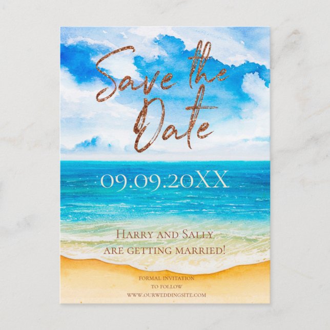 Beach destination Save the Date Watercolor Postcard (Front)