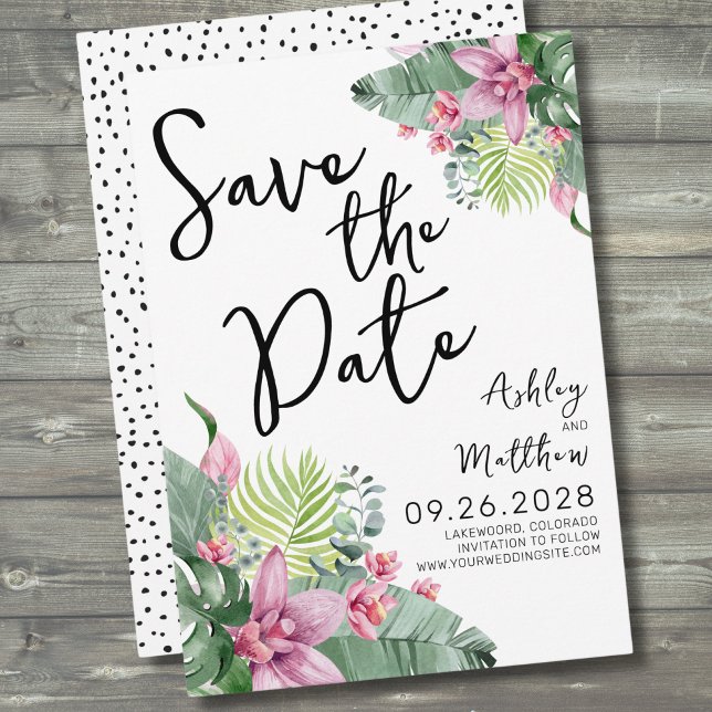 Beach Destination Tropical Wedding Save The Date (Pink Green Palm Watercolor Tropical Floral Wedding Save The Date)